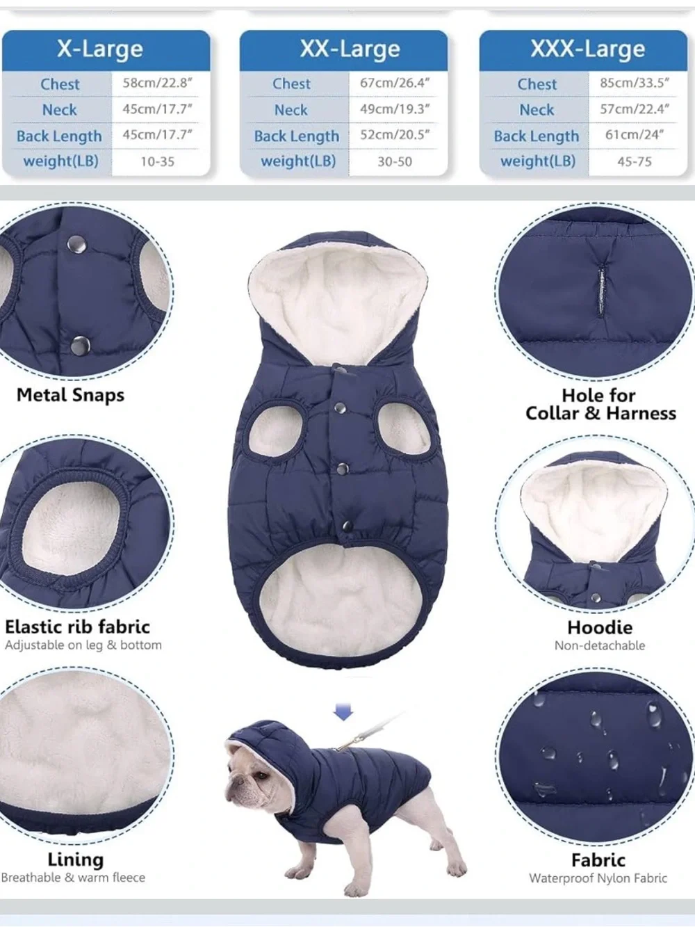 Navy Fleece-Lined Waterproof Dog Coat with Hood C28